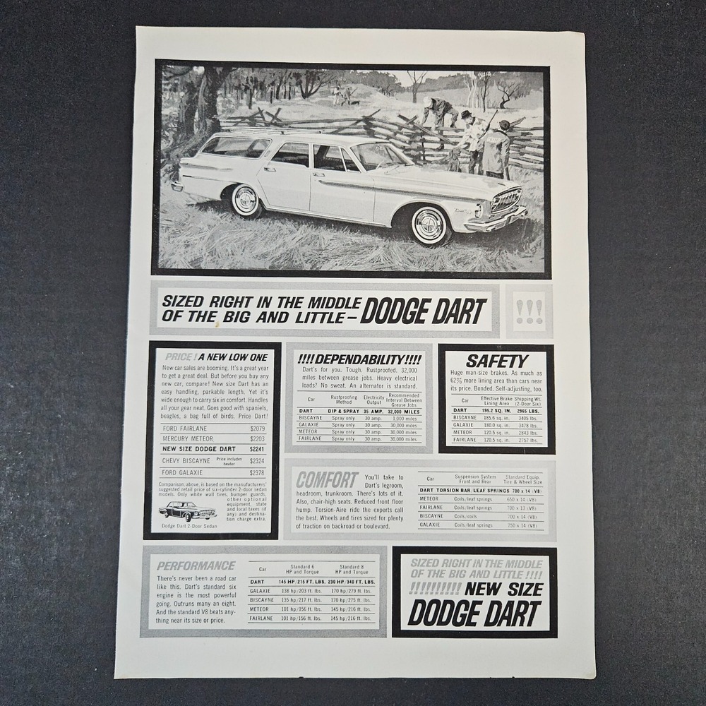 1962 Dodge Dart Station Wagon Vintage Print‎ Ad Hunting Scene Dog 2-Door Sedan